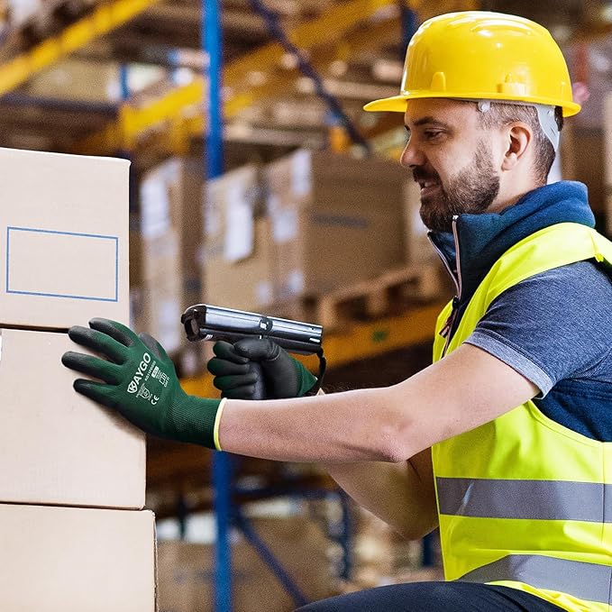 KAYGO Work Gloves for Men and Women,12 Pairs Seamless Knit PU Coated Safety Gloves, with Smooth Grip on Palm and Fingers, Ideal for Light Warehouse, Manufacturing, Gardening, KG11P (2XL,Dark Green)
