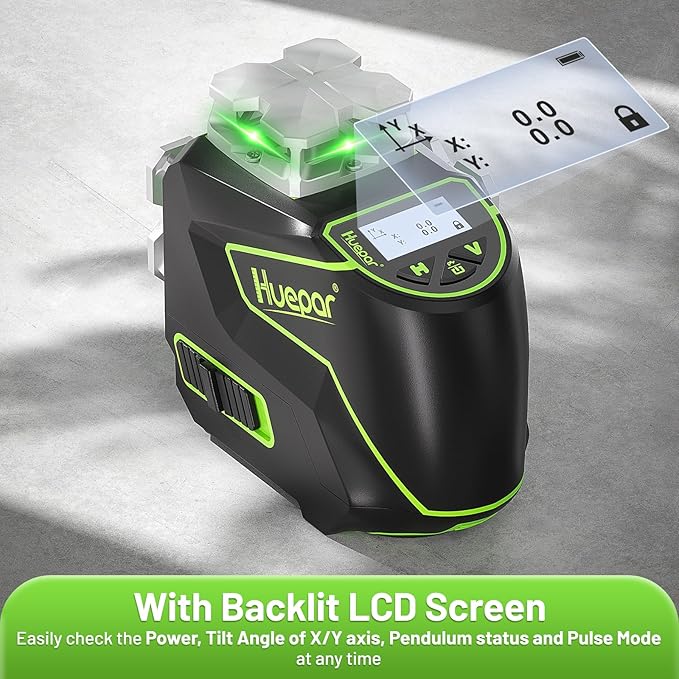 Huepar Laser Level 360 Self Leveling, 3x360° Green 3D Cross Line Laser with LCD Screen, Bluetooth Outdoor Pulse Mode Laser Tool for Construction -Remote Control, Li-ion Battery or 4 AA Batteries-S03CG