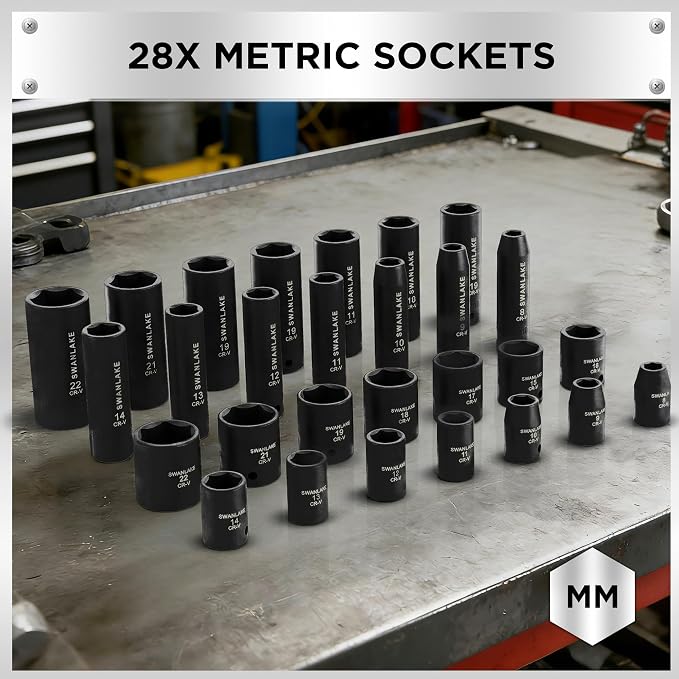 SWANLAKE 3/8'' Drive Impact Socket Set, 50-Piece Standard SAE (5/16 to 3/4 inch) and Metric (8-22mm) Size, 6 Point, Cr-V, 3/8-Inch Ratchet Handle, Extension Bar, Universal Joint