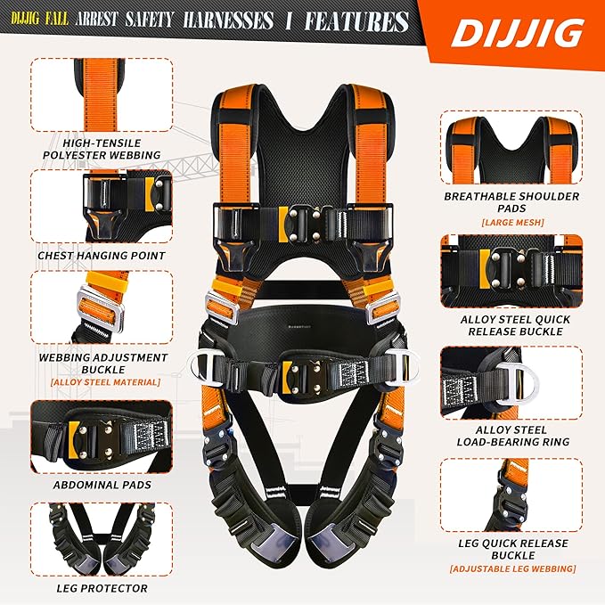 DIJJIG Safety Harness Fall Protection Kit with Shock Absorbing Lanyard | Safety Straps Upgrade Quick Buckles, Roofing Harness Construction Harness Para Construccion ANSI Compliant Orange