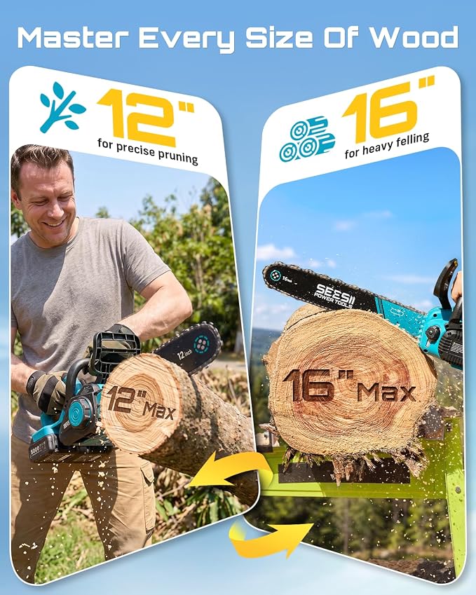 SEESII 40V 16 Inch & 12 Inch Cordless Electric Chainsaw 2×5.0Ah Batteries | 1600W Brushless Chain saw with Tool-Free Chain Tension, Auto Oiling for Tree Trimming, Firewood, Storm Cleanup,42ft/s