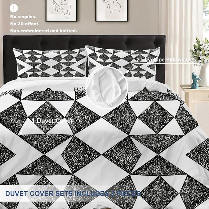 Batmerry Houndstooth Black White Twin Size 100% Cotton Duvet Cover Sets, Plaid Abstract Fashion Geometric Bedding Set with Zipper Closure Corner Ties, 3 Pieces (1 Cover + 2 Pillowcases No Comforter)