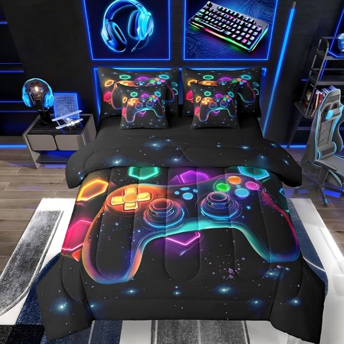 Erosebridal Game Consoles Boys Twin Comforter Set for Boys Bed in a Bag 7 Piece Gamer Gifts,Gaming Twin Bedding Sets for Space Glow Geometric Bedding Sets Red Green Blue,Gamer Decor Bedroom