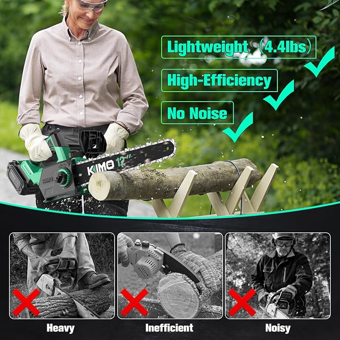 KIMO Brushless Electric Chainsaw Cordless, 4.0Ah Battery & Fast Charger, Handheld Chain Saw with Auto Oiler, Battery Powered Chainsaw Electric for Tree Trimming, 54.5 FT/S Cutting Speed, 12 INCH