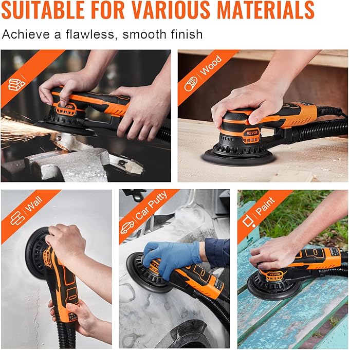 VEVOR Random Orbital Sander 6-Inch, 350W Brushless Orbital Sander, 10,000 PRM 6 Variable Speed Electric Palm Sander with 10PCS Sandpapers, Dust Connector & Hose for Woodworking Detailing Sanding