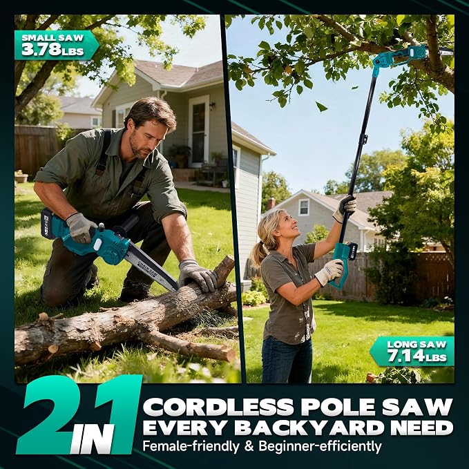 2-in-1 Electric Pole Saw for Tree Trimming,1200W Brushless Cordless Pole Saw&8 Inch Mini Chainsaw with 2 x 4.0Ah 21V Batteries,16 FT Max Reach, Tree Trimmer for Branch Cutting.