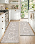 Color&Geometry Anti Fatigue Kitchen Mats for Floor 2 Piece 24"x59"+24"x87", Vintage Kitchen Rug Set, Waterproof & Oil Proof, 0.4" Thick Cushioned, Non-Slip Wide Runner for Sink, Laundry,Khaki