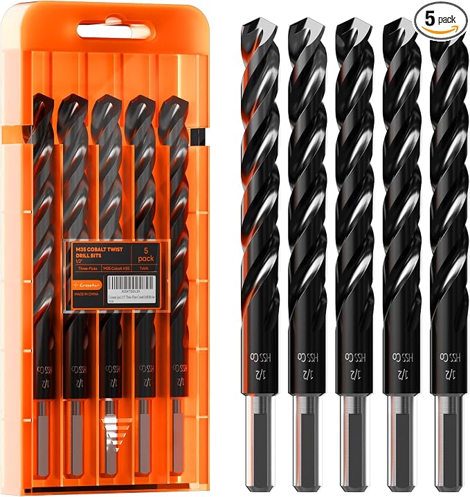 Crosstar M35 Cobalt Drill Bit Set for Hardened Metal & Stainless Steel - Titanium Aluminum Nitride Coated (TiAlN), Three-Flute Design, 5pcs 1/2" Metal Drill Bits