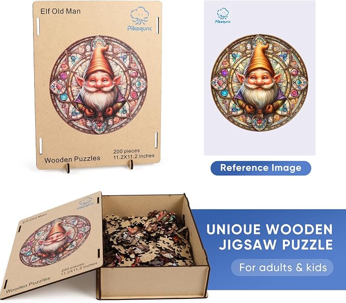 Pikoqunc Gnome Wooden Puzzle for Adults, Families & Friends – 500 Piece Round Wood Jigsaw with Unique Shapes, Perfect for Relaxation, Joy & Cozy Home Décor (16.5"x16.5")