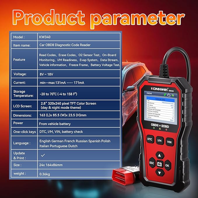 KONNWEI KW340 OBD2 Scanner Car Engine Fault Code Reader 2.8'' Color Screen Automotive Diagnostic Scan Tool with Battery Test, I/M Readiness, One‑Click DTC/VIN for All OBDII EOBD Vehicles 1996+