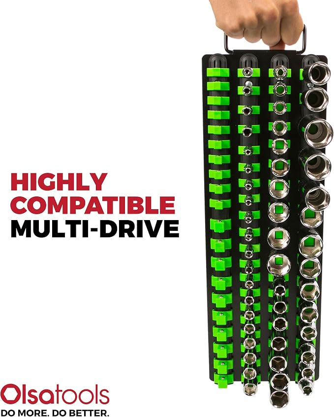 Olsa Tools 80-Slot Portable Socket Organizer Tray With Handle Green/Black | Socket Tray With Clips for 1/4-Inch, 3/8-Inch & 1/2-Inch Drive Sockets - Professional-Grade Tool Organizer - Part: 1024