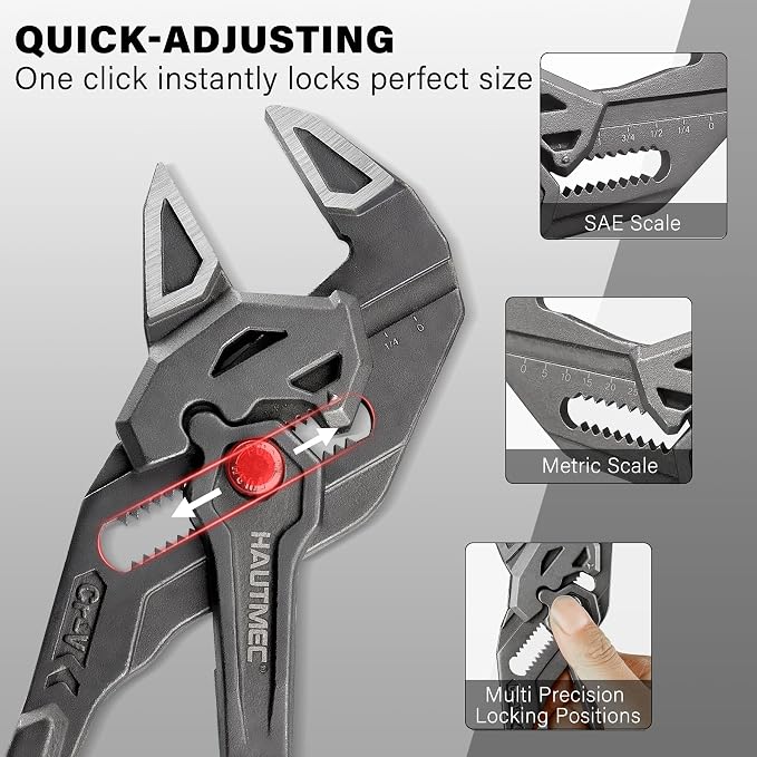 HAUTMEC 3PCS Adjustable Pliers Wrench Sets (7 10 12"), Smooth Jaw Parallel Pliers, Heat-Treated CR-V Steel & Phosphated Rust-Resistant, SAE/Metric Scale, Storage Belt Pouch for Professional & DIY