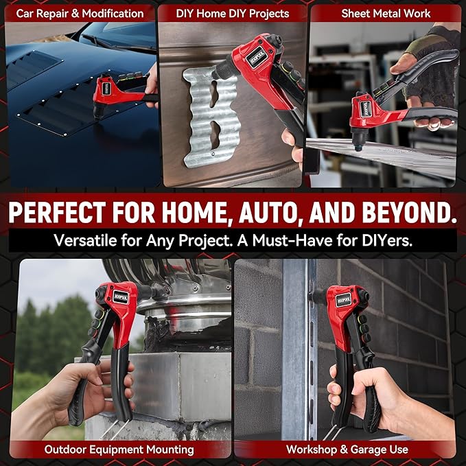 KOOPOOL Rivet Gun Kit, Adjustable Stroke Design Manual Pop Rivet Tool with 200 Rivets and 4 Drill Bits, 4 Tool-Free Rivet Heads, Heavy-Duty Hand Riveter with Sturdy Case for Metal, Plastic, Leather