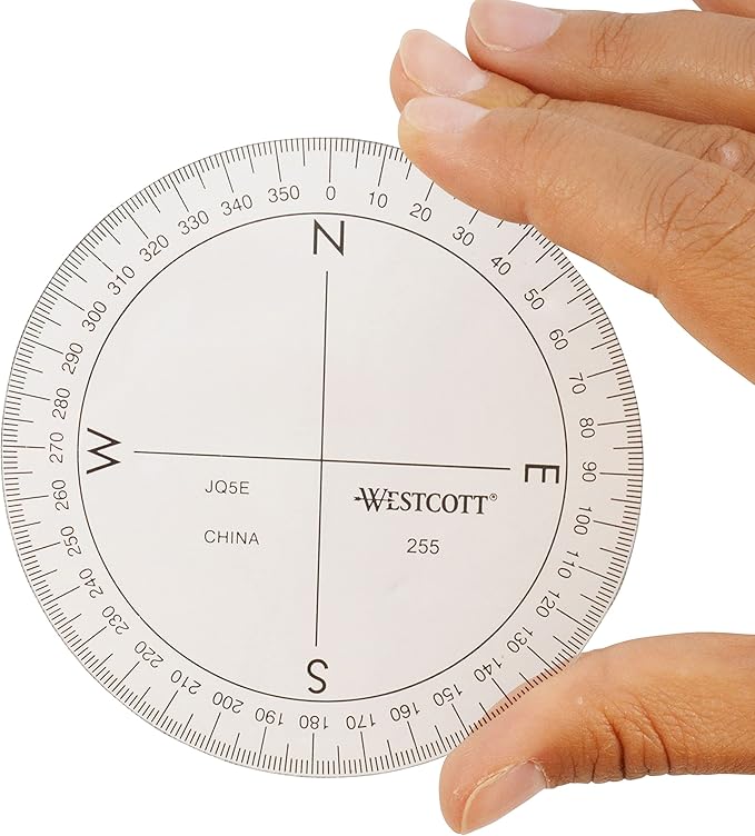 Westcott 360-Degree Compass Protractor, Crystal Clear Transparent Dial, Calibrated for 360-Degree Accuracy, Back-to-School, School Supplies, Classroom Supplies, 3 1/2-Inch
