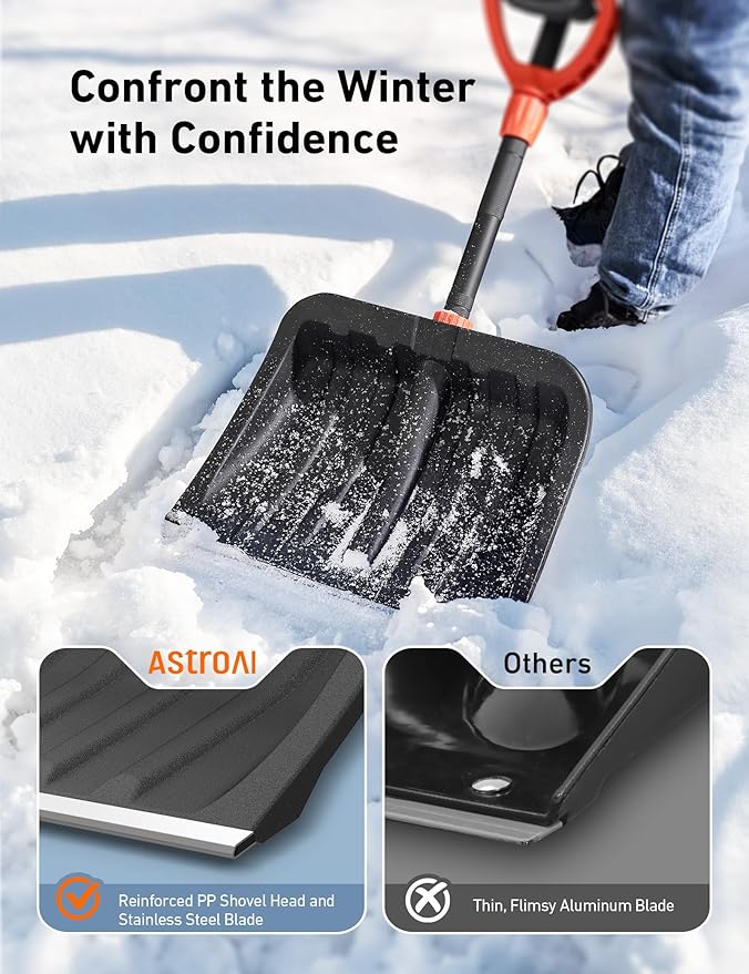 AstroAI 62" Heavy-Duty Snow Shovel for Driveway with Adjustable Ergonomic D-Shape Handle, 17-Inch Wide Snow Shovel for Car with Stainless Steel Blade, Easily Remove Heavy Snow from Driveway, Yard