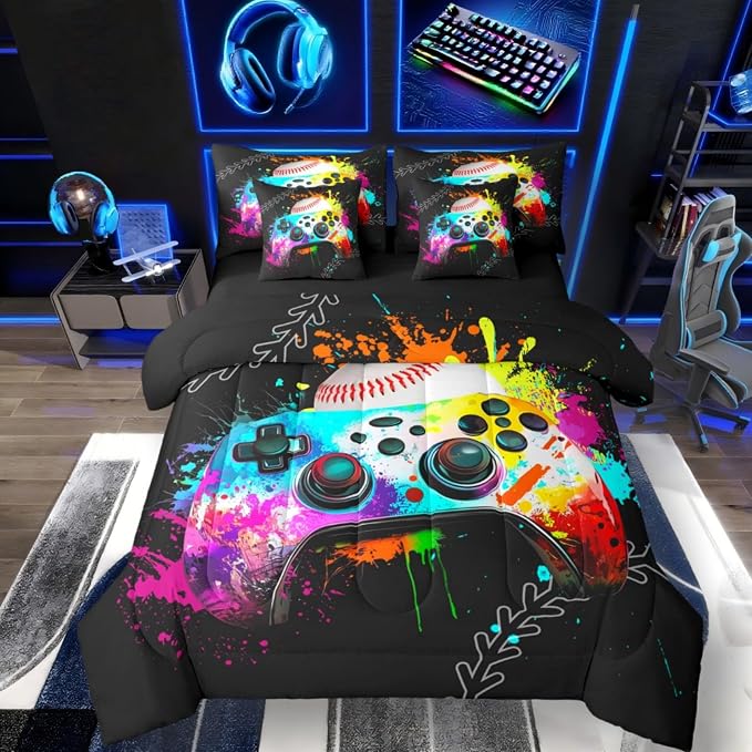 Gaming Consoles Bed in a Bag Queen Comforter Set 7 Piece,Baseball Sports Bedding Set for Boys,Gamer Comforter and Sheet Set Rainbow Tie Dye Bed Set,Gamer Decor for Boys Bedroom Gamer Gifts