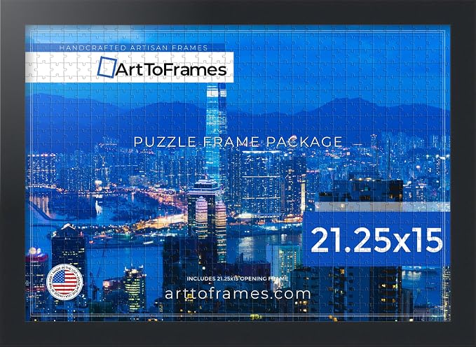 ArtToFrames Puzzle Frame for Buffalo Games 300, 500 Piece Jigsaw Puzzles, 21.25x15 Inch (54x38 cm), Soft Black Engineered Wood with Economy Acrylic, Ready to Hang Puzzle Display