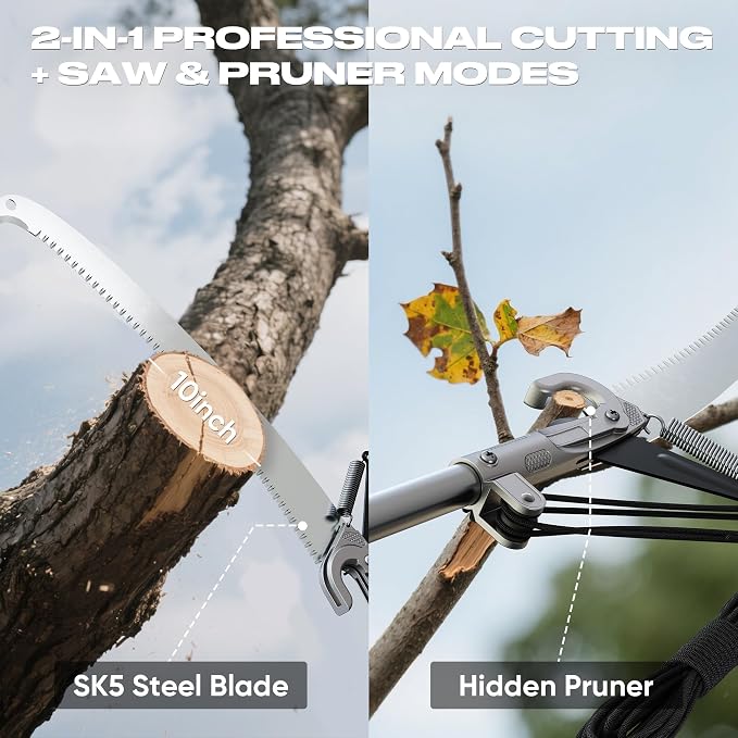 FLORA GUARD 16.5 FT Pole Saw for Tree Trimming, Manual Pole Saw & Tree Pruner with SK5 Steel Blade, 4-Pulley Effort-Saving System, Aluminum Alloy Head for High Branch Cutting
