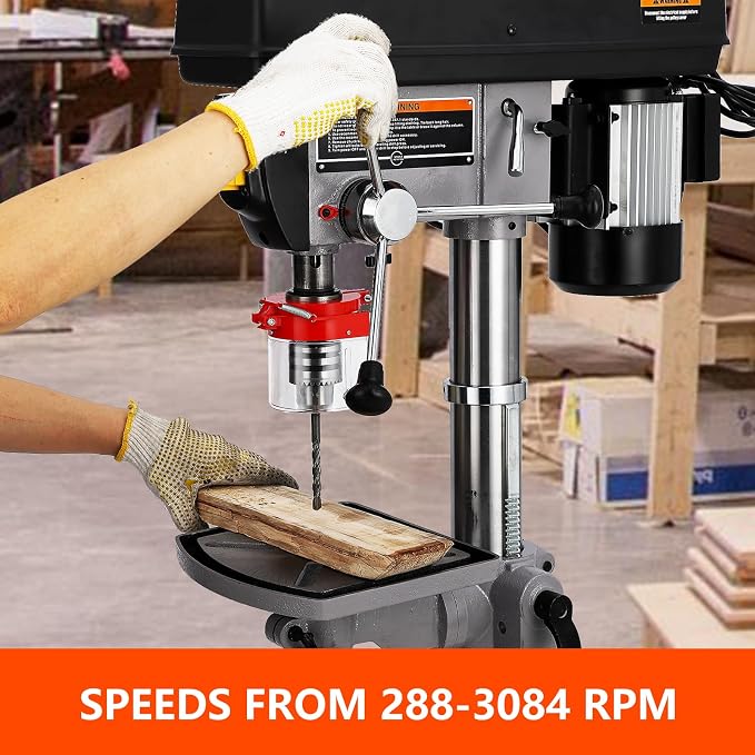 GarveeTech 13 In Floor Drill Press, 7.5 Amp 120V Pure Copper Motor, 288-3084 Rpm Variable Speed Cast Iron Bench Drill Press, 0-45° Tilting Worktable, Tabletop Drilling Machine for Wood Metal