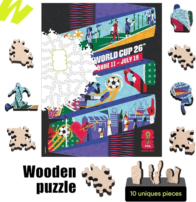 FIFA World Cup 2026 City Puzzle Kansas City Poster - Wooden Puzzle for Adult, 200 Pieces Irregular Shape Puzzle, 5MM Thick, Creative Collectible Gift for Fans, Officially Licensed Product, 9.3x11.8''