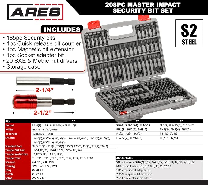 ARES 31023-208-Piece Impact Security Bit Set – Phillips, Robertson, Tamper Hex and Torx Bits, Specialty Bits, and More – Master Bit Set Includes Nut Drivers, Socket Adapters, and Extensions