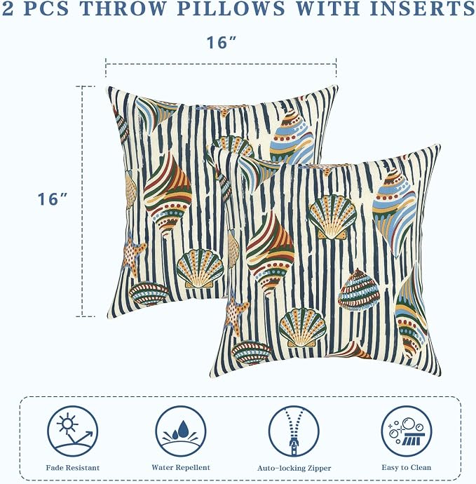 LVTXIII Outdoor Throw Pillows 16x16 Inch, Set of 2 Square Decorative Pillows with Inserts for Patio Furniture, Porch Chair, Garden Sofa, Cabana Shells
