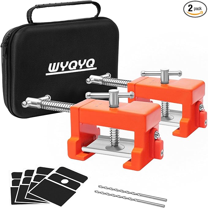 2 Pack Cabinet Clamps with Protective Case & Drill Bit - Heavy Duty Face Frame Clamps for Woodworking, Cabinetry, DIY - Orange Alignment Claw Clamp (Includes Extended Drill Bit)