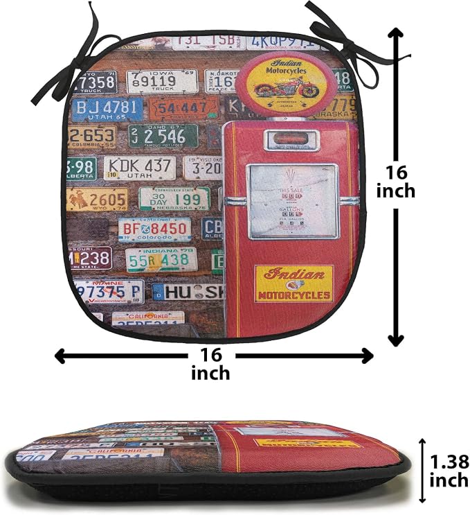 Lunarable Americana Chair Cushion Pads Set of 2, Various Old American License Plates Behind Antique Gas Pump in Rural Utah, Anti-Slip Seat Padding for Kitchen & Patio, 16"x16", Red Multicolor