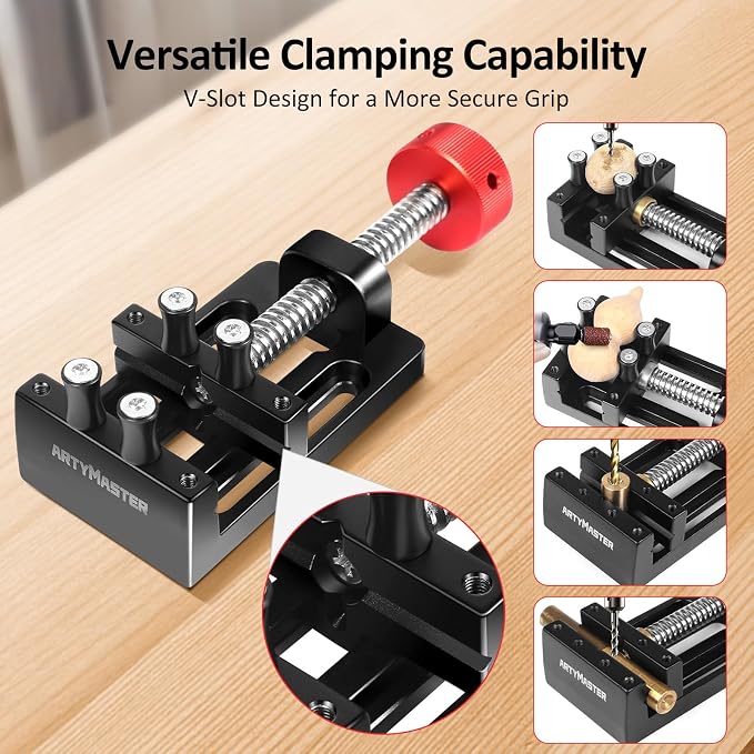 ArtyMaster Mini Drill Press Vise with Rubber Soft Jaws, 0-2.48" Clamping Range Mini Vice Clamp for Crafts, Jewelry Making, Modeling and Repairs, Precision Aluminum Small Vise for Small Projects