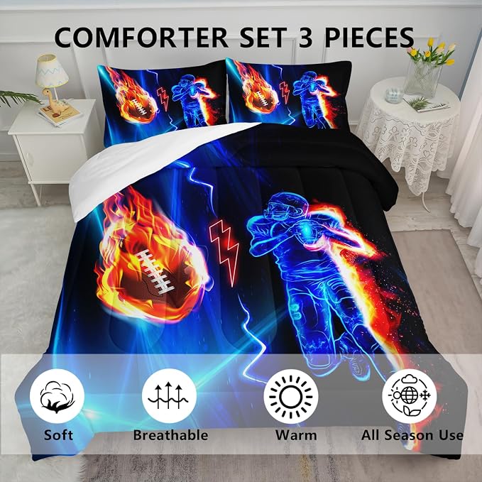 Axolotl Football Comforter King,Cool Blue Football Bedding Sports Theme Comforter Set for Boys,3D Rugby Sports Bedding Set,Soccer Player on Fire for Boys Kids Teens,1 Quilt 2 Pillowcases,Black Blue