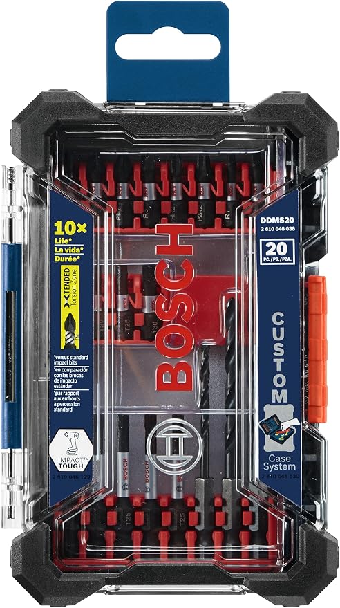 BOSCH DDMS20 20-Piece Assorted Impact Tough Drill Drive Custom Case System Set for Drilling and Driving Applications