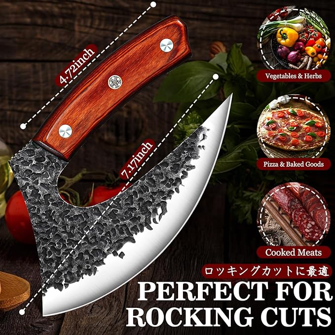 TIVOLI Ulu Knife with Sheath – Full Tang Rosewood Handle, Gift-Ready Box, Viking-Style Cleaver & Pizza Cutter for Meat, Herbs, and Outdoor Cooking –A Christmas Gift for Men and Women