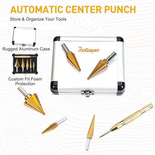 Step Drill Bit Set, 6 Pcs Titanium High Speed Steel Step Drill Bits with Extra Automotive Center Punch for Metal, Wood & Plastic, with Aluminum Case, 50 Sizes