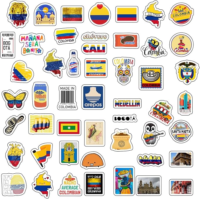 BulbaCraft 100Pcs Colombia Stickers for Water Bottle and Laptop - Colombian Party Supplies & Decorations, Waterproof Vinyl Decals, Colombia Flag Decals, Gifts for Women & Men