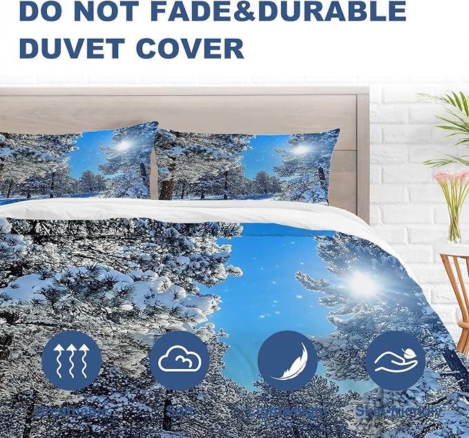 Batmerry Winter Snow-Covered Scene King Size 100% Cotton Duvet Cover Sets, Sunny Day Pine Trees Bedding Set with Zipper Closure Corner Ties, 3 Pieces (1 Cover + 2 Pillowcases No Comforter)