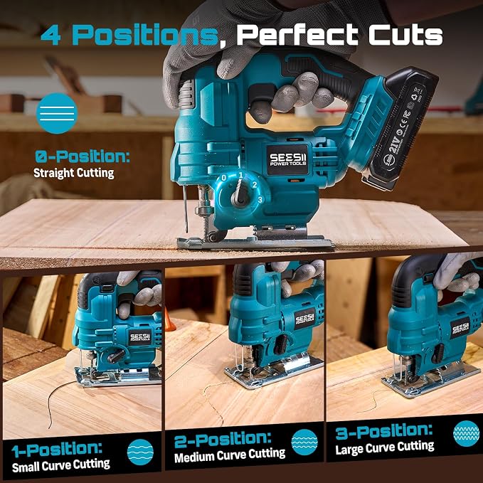SEESII Jig Saw, Cordless Jigsaw Tool with 2×2.0Ah Batteries and Charger | ±45° Bevel Cuts, 4 Orbital for Wood Metal PVC Cutting, Variable Speed, with 9 Blades, LED Light, Safety Lock, Storage Bag