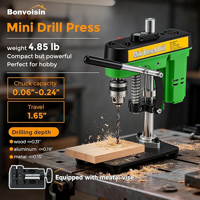 Bonvoisin Mini Drill Press with Vise Benchtop Drill Press Chuck Capacity 0.6-6.35MM Drilling Machine for Craft and Home