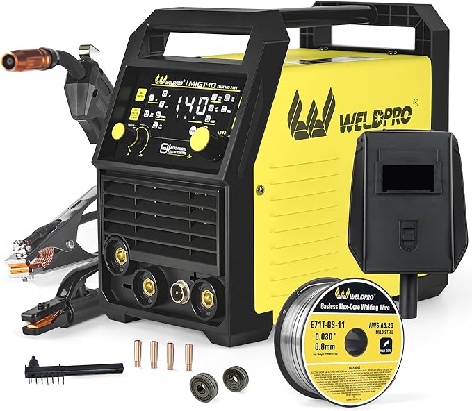 WELDPRO 140A MIG Welder 110/220V, 2026 Newest 5-in-1 Flux Core Welder, Synergic/Thickness Gasless MIG/Lift TIG/MMA/Spot Welding Machine, IGBT Inverter Welder with Large LED Digital Display, 2T/4T