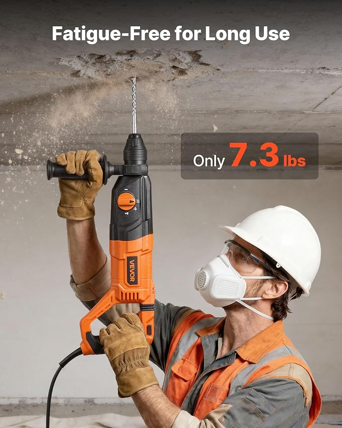 VEVOR Rotary Hammer Drill, 1-1/8 in SDS-Plus Electric Corded Heavy Duty Rotary Hammer, 4 Functions, Including 3 Drill Bits, Flat Chisel, Pointed Chisel, and Carrying Case, for Concrete and Masonry