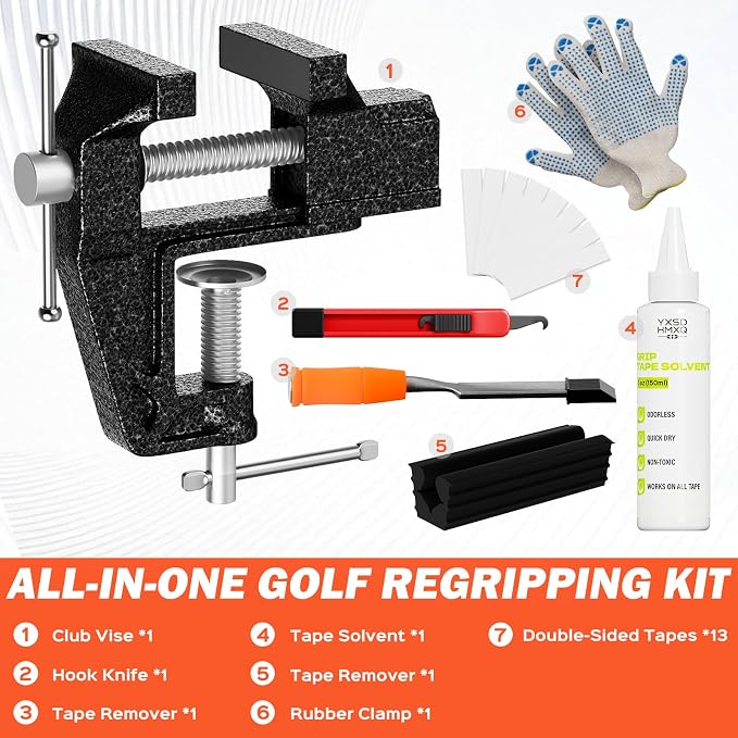 Golf Club Regripping Kit with Bench Vise – Complete Grip Repair & Replacement Set with Rubber Clamp, Solvent, Tape Strips & Tools for Golf Club Grip Installation, Home & Workshop DIY