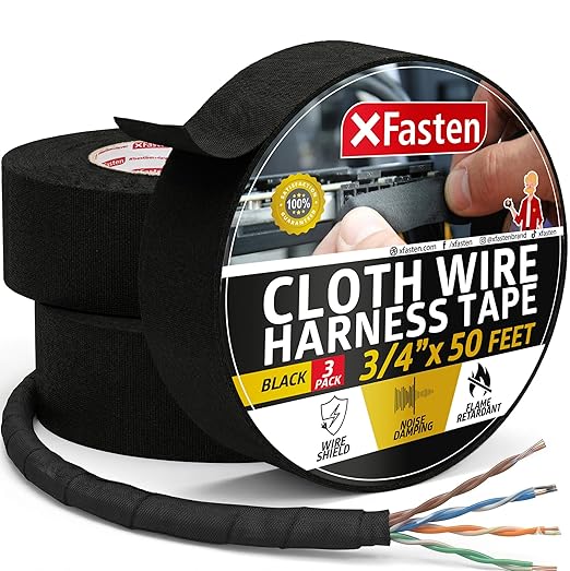 XFasten Wire Harness Tape, 3/4-Inch x 50-Foot (3-Pack), High Temp Wiring Loom Harness, Self-Adhesive Felt Cloth Electrical Tape for Automotive Engines, Noise Dampening, and Cable Protection