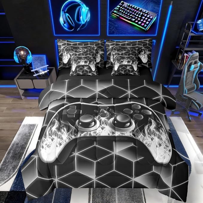 Gaming Consoles Bed in a Bag Queen Comforter Set 7 Piece,Neon Geometric Video Game Bedding Set,3D Geometric Gamer Sheet Set Grey Flame Bed Set,Gamer Decor for Boys Bedroom Decor Gamer Gifts