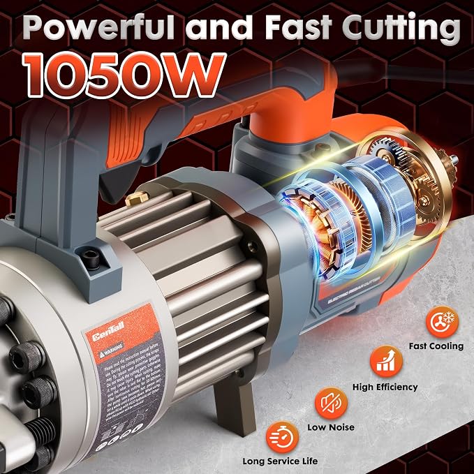 3/4" Electric Hydraulic Rebar Cutter, 1.5-2S Cutting Speed, Portable, Cuts 4-20mm #6 Rebar, 1050w, 120v/60hz. (Grey+Orange)