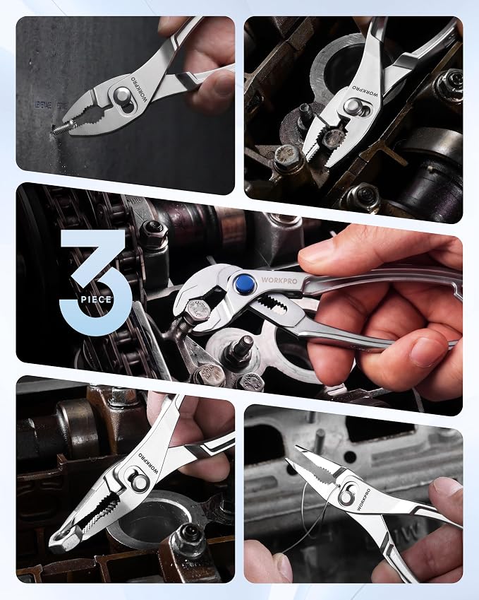WORKPRO 3-Piece Mini Pliers Set with Pouch, 4-Inch Slip Joint Plier & 4-Inch Water Pump Plier & 4.5-Inch Long Nose Slip Joint Plier, High-Toughness Pocket Pliers for Tight Spaces & Versatile Use