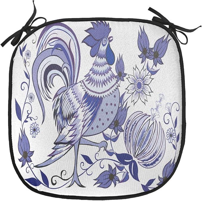 Lunarable Gallus Chair Cushion Pad, Floral Pattern with Flowers and Birds Feathers Wings Leaf Ornament Folk Art, Seat Padding for Kitchen & Patio with Anti-Slip Backing, 16"x16", Violet Blue White