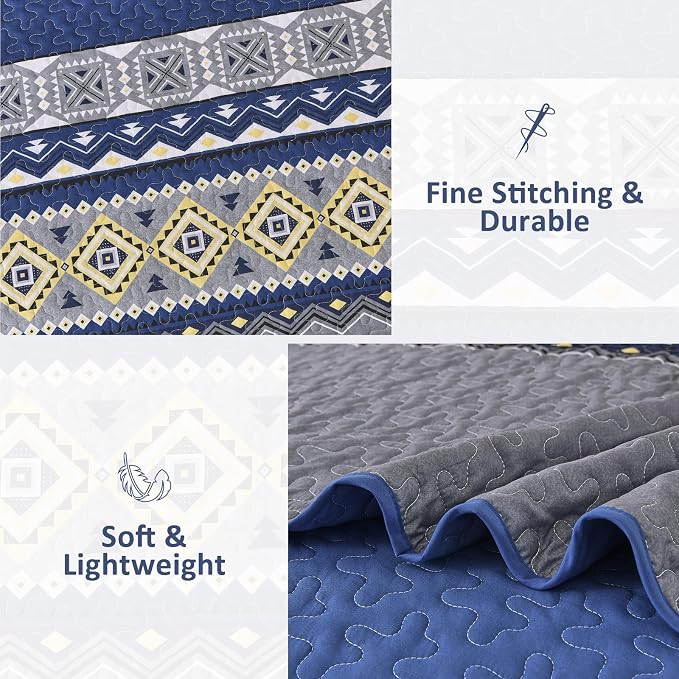 WONGS BEDDING 3 Pieces Quilt Set Queen Size, Navy Blue Quilt Bedspread Lightweight Bohemian Coverlet Set with 2 Pillowcase, Soft Geometry Printed Bedding Set Queen for All Season 96"×90"