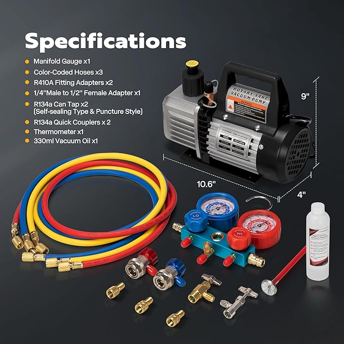 VIVOHOME 110V 1/4 HP 3.5CFM Single Stage Rotary Vane Air Vacuum Pump and AC Manifold Gauge Set Kit with Thermometer for R134a R12 R22 R502 R410a HVAC Air Conditioning Refrigeration Recharging, Black