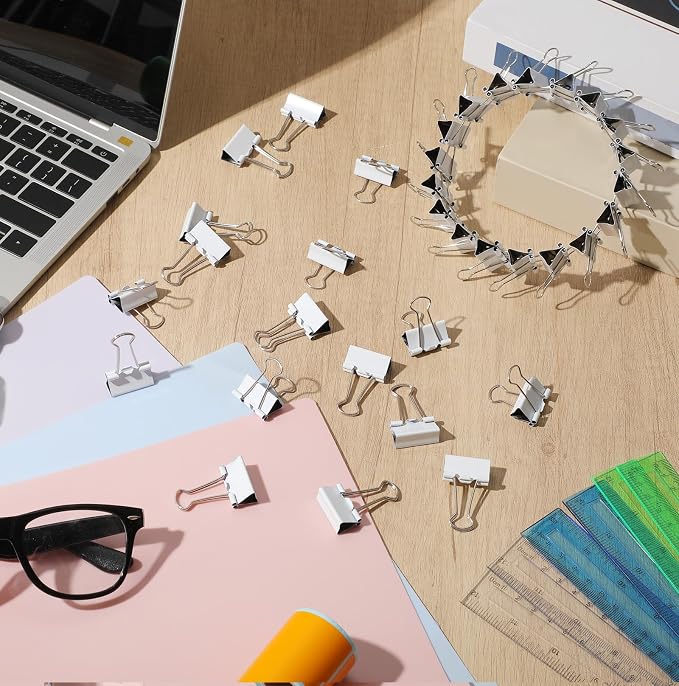 Jetec 300 Pack 1in/25mm White Metal Binder Clips Bulk Medium Reusable Fold Back Binder Clips Paper Clamps Spring Steel Sturdy for Home Office School Supplies