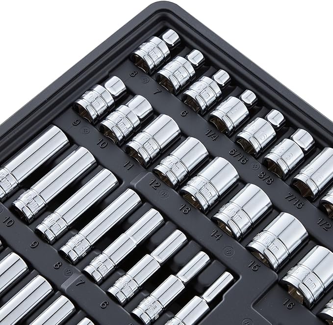 VEVOR Mechanics Tool Set, 297-Piece Mechanic Tool Kit, 1/4 in, 3/8 in, and 1/2 in Drive, SAE and Metric Socket Set, Wrenches, Screwdriver Bits, Accessories, and Storage Case, for Automotive Repair