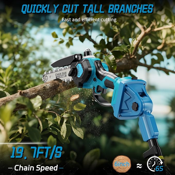 Pole Saws for Tree Trimming, 2-in-1 Pole Saw＆6 Inch Mini Chainsaw,with Extension,Max Reach 16 Ft,Electric Pole Saw Used for Wood Cutting and High-Branch Pruning,2× 21V 2.0Ah Battery